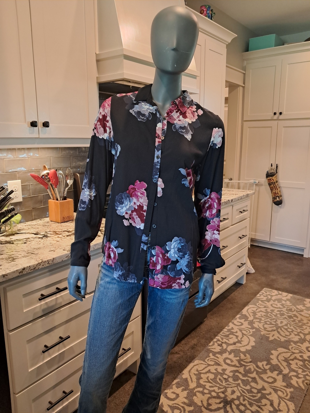 Joules Black Button-Down Shirt with Pink & Blue Floral Print